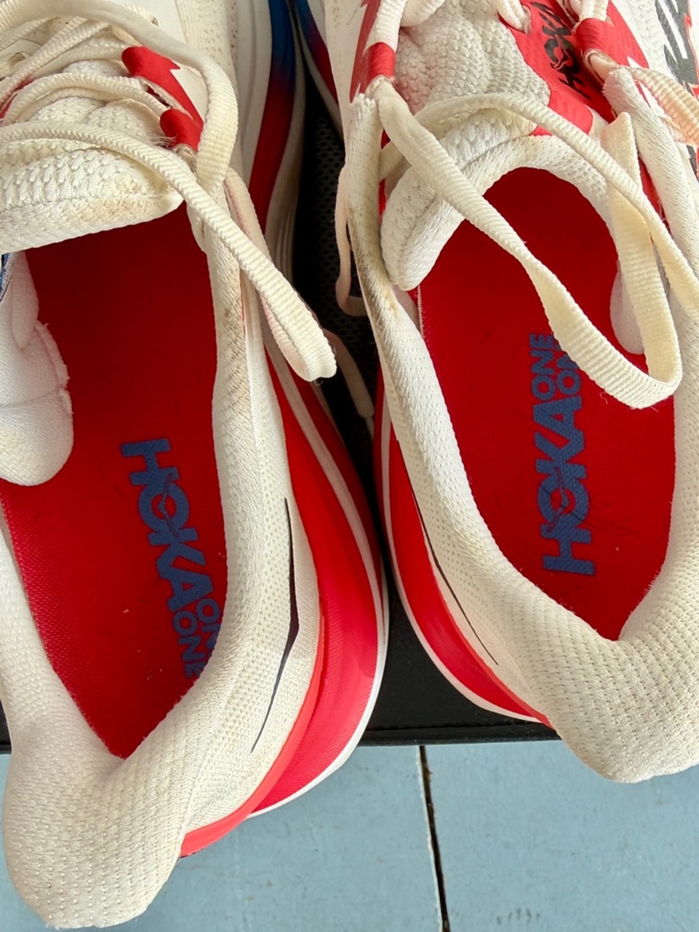 Hoka Men's Cream Running Shoes with Red, Blue and Yellow Accents - Picture 5 of 9